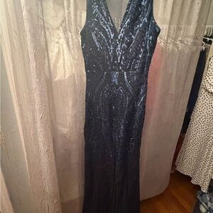 Night Way Collections Navy Sequin V-Neck Maxi Gown